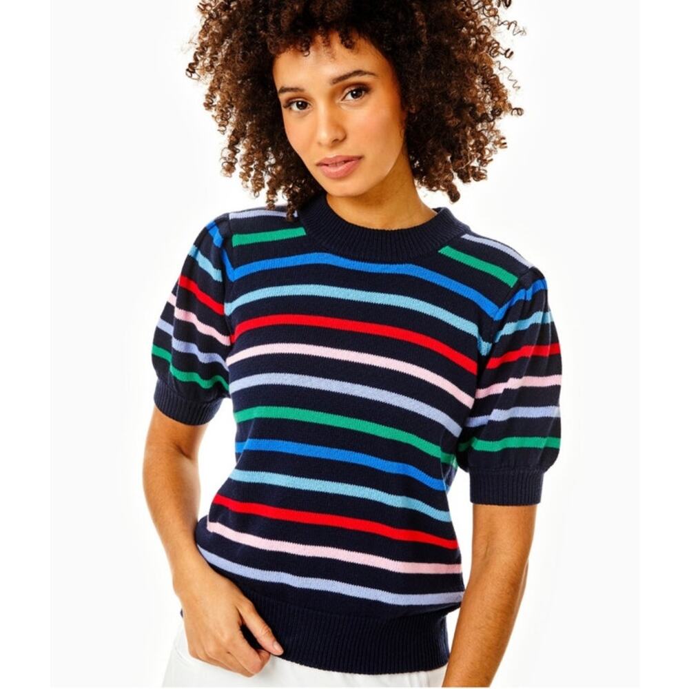 Addison Bay Locust Navy Rainbow Stripe Short Sleeve Sweater XS